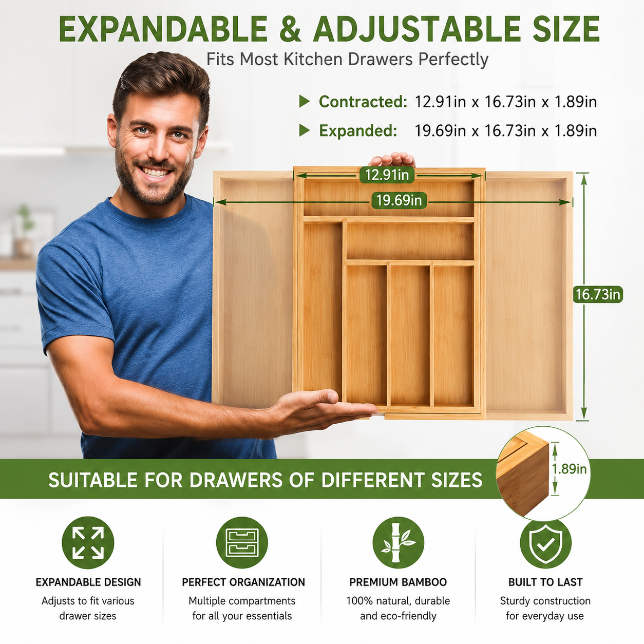 Expandable Bamboo Drawer Organizer - Image 3